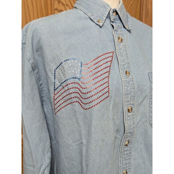 Vintage LA Loving Denim Shirt Womans Sz Medium Long Sleeve Button Down USA Flag - Picture 2 of 11